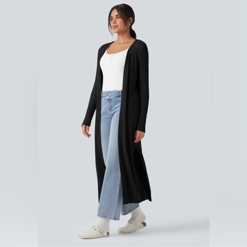 Theory Women’s Black Long Cardigan in Ribbed Merino Wool Size M